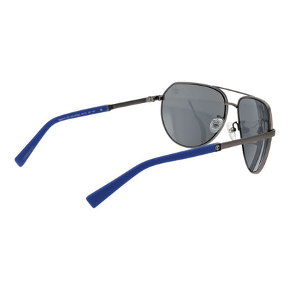 Sunglasses by Timberland for men in metal gray features a sumptuous silhouette, showcasing a sumptuous aviator full-rim frame design in gunmetal coloured frame with high-performance polarized category-3-dark-tint lens.