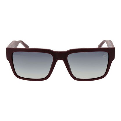 Sunglasses by Timberland for men in plastic burgundy features an lustrous rectangle full-rim frame design with burgundy coloured frame detailing and polarized gradient category-2-medium-tint lens for a lustrous aesthetic.