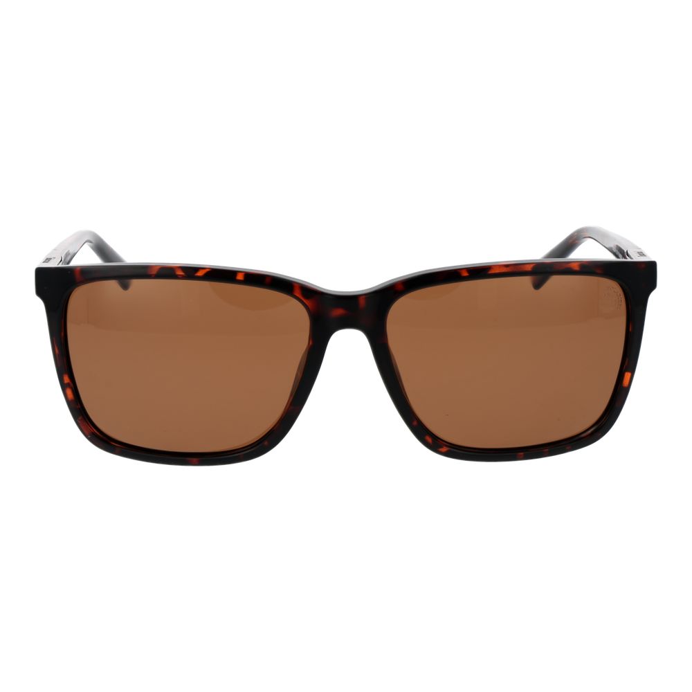 Sunglasses by Timberland for men in plastic brown showcases a ethereal silhouette, featuring brown coloured frame full-rim square frame design with polarized category-3-dark-tint lens for a ethereal finish.