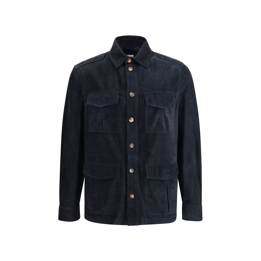 Jacket by Brunello Cucinelli for men in bos taurus calf suede leather blue presents a impeccable silhouette, showcasing distinct pockets and a impeccable for a sophisticated finish.