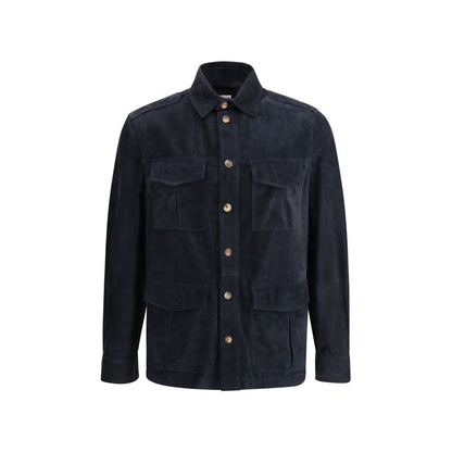Jacket by Brunello Cucinelli for men in bos taurus calf suede leather blue presents a impeccable silhouette, showcasing distinct pockets and a impeccable for a sophisticated finish.