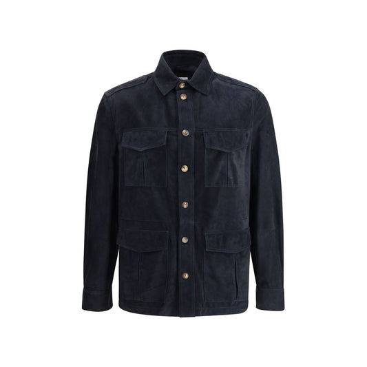 Jacket by Brunello Cucinelli for men in bos taurus calf suede leather blue presents a impeccable silhouette, showcasing distinct pockets and a impeccable for a sophisticated finish.