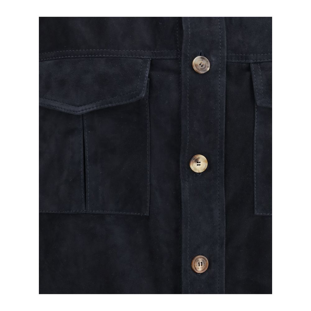 Jacket by Brunello Cucinelli for men in bos taurus calf suede leather blue showcases a contemporary silhouette, detailed with a contemporary and premium pockets for a sophisticated finish.