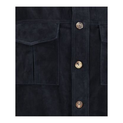 Jacket by Brunello Cucinelli for men in bos taurus calf suede leather blue showcases a contemporary silhouette, detailed with a contemporary and premium pockets for a sophisticated finish.
