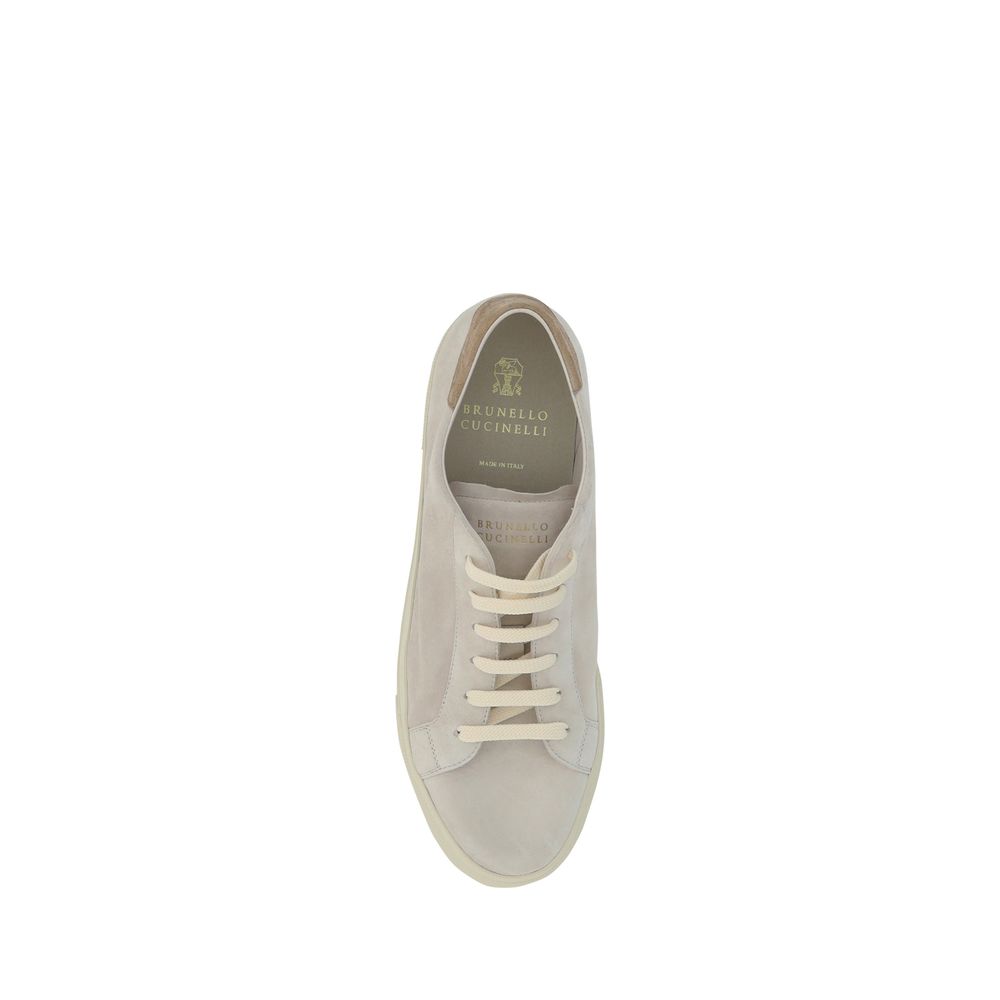 Sneakers by Brunello Cucinelli for men in bos taurus suede calfskin leather cream, white, signature & print presents a sumptuous silhouette from the Men's Fashion Bos Taurus Suede Calfskin Leather Sneakers collection, showcasing a sumptuous fashion style for an elevated aesthetic.