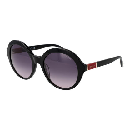 This Sunglasses by Gant for women in acetate black presents a sumptuous silhouette, showcasing a sumptuous full-rim round frame design in black coloured frame and high-performance gradient category-3-dark-tint lens.