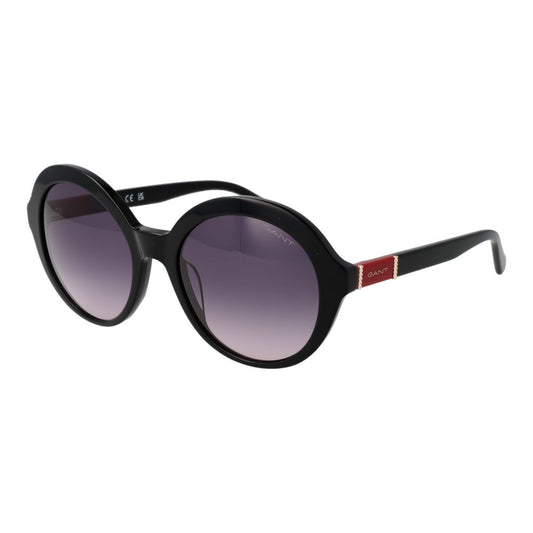 This Sunglasses by Gant for women in acetate black presents a sumptuous silhouette, showcasing a sumptuous full-rim round frame design in black coloured frame and high-performance gradient category-3-dark-tint lens.