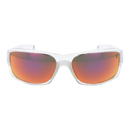 Sunglasses by Timberland for men in plastic transparent features an lustrous full-rim sport frame design with transparent coloured frame detailing and polarized mirrored category-3-dark-tint lens for a lustrous aesthetic.