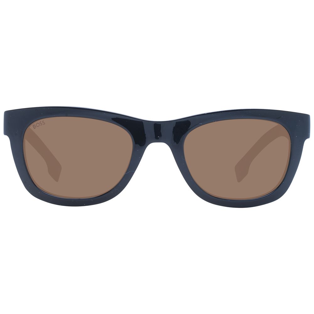 Sunglasses by Hugo Boss for men in eco cellulose propionate black features a sumptuous silhouette, showcasing a sumptuous rectangle full-rim frame design in black coloured frame with high-performance non-polarized category-3-dark-tint lens.