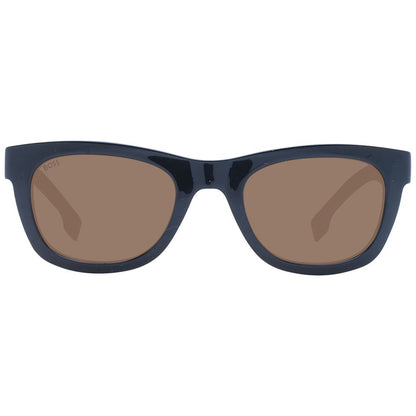 Sunglasses by Hugo Boss for men in eco cellulose propionate black features a sumptuous silhouette, showcasing a sumptuous rectangle full-rim frame design in black coloured frame with high-performance non-polarized category-3-dark-tint lens.