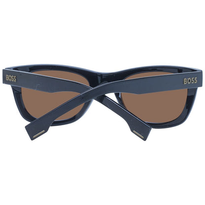 Sunglasses by Hugo Boss for men in eco cellulose propionate black features a sumptuous silhouette, showcasing a sumptuous rectangle full-rim frame design in black coloured frame with high-performance non-polarized category-3-dark-tint lens.