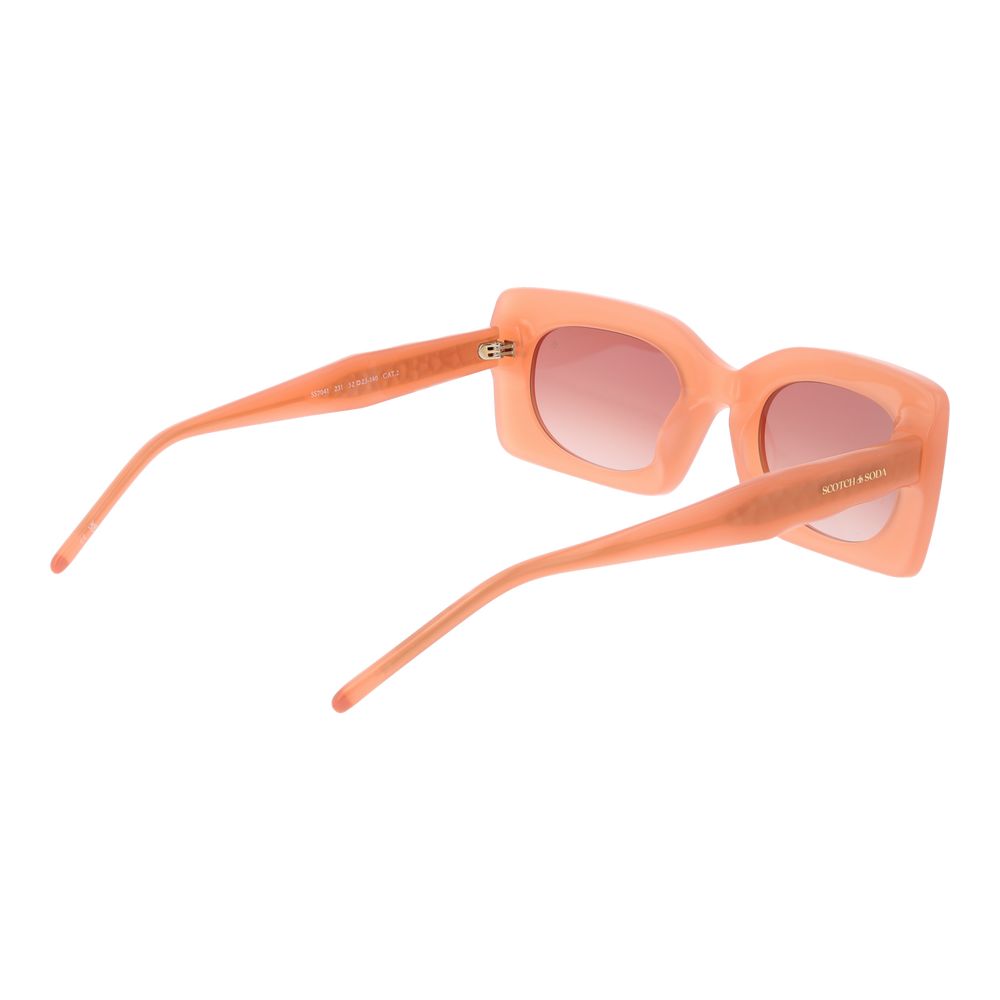 Sunglasses by Scotch & Soda for women in acetate and pink presents a sumptuous silhouette, featuring rose coloured frame and rectangle full-rim frame design with category-2-medium-tint lens for a sumptuous look.
