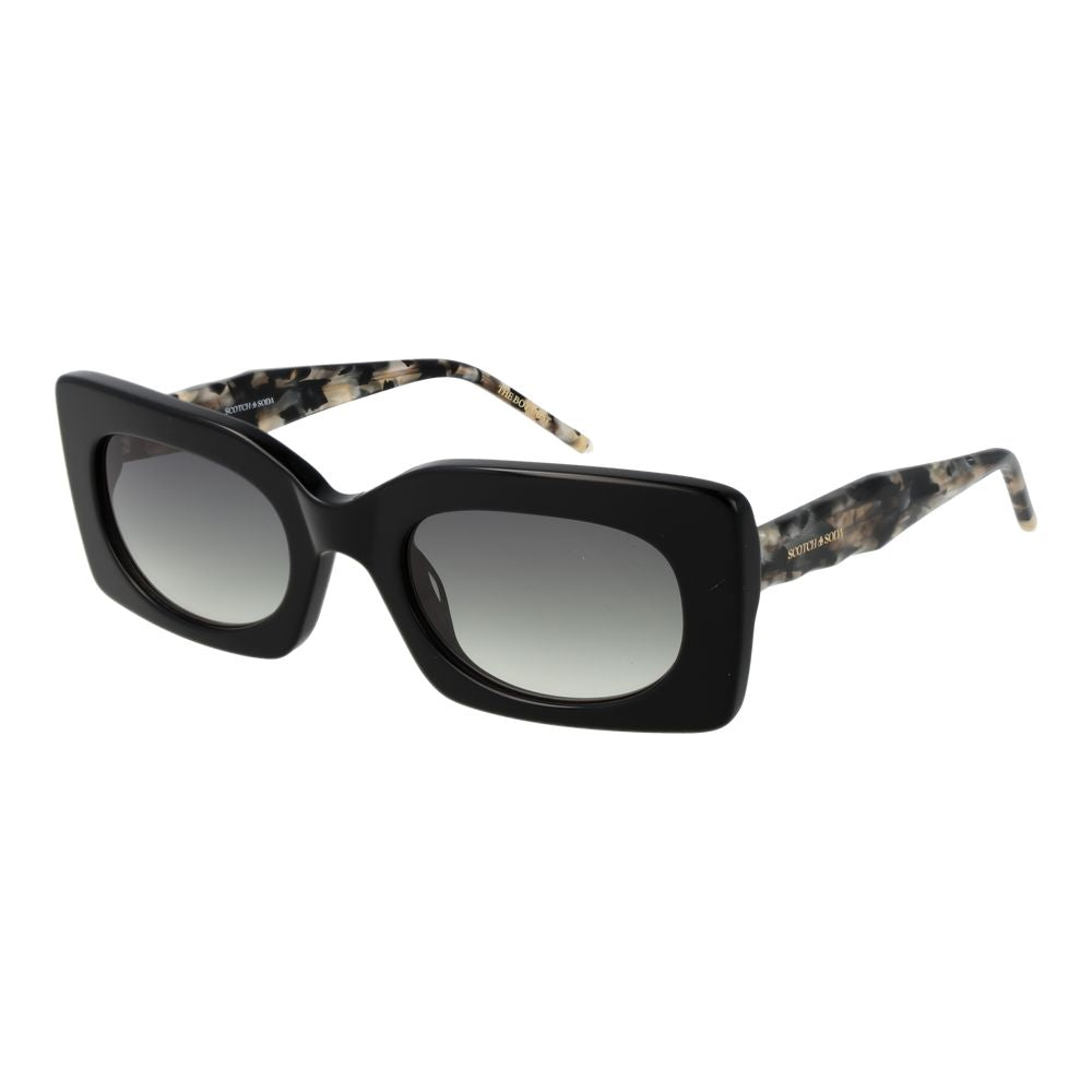 This Sunglasses by Scotch & Soda for women in black presents a sumptuous silhouette, showcasing a sumptuous rectangle full-rim frame design in black coloured frame and high-performance gradient category-2-medium-tint lens.