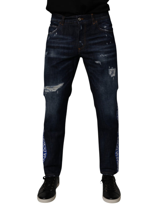 Jeans by Dolce & Gabbana for men in stretch denim cotton dark-blue features a polished silhouette with a polished skinny & regular-fit, reaching a polished long and finished with a polished .
