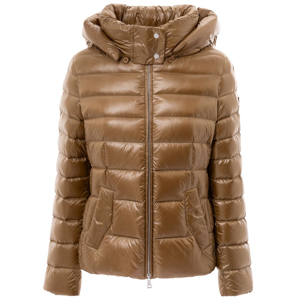 Hooded Puffer Jacket by Add for women in polyamide & duck down bronze features a dramatic silhouette, showcasing a sophisticated hooded neckline and distinctive lightweight, pockets, hooded & insulated for a dramatic aesthetic.