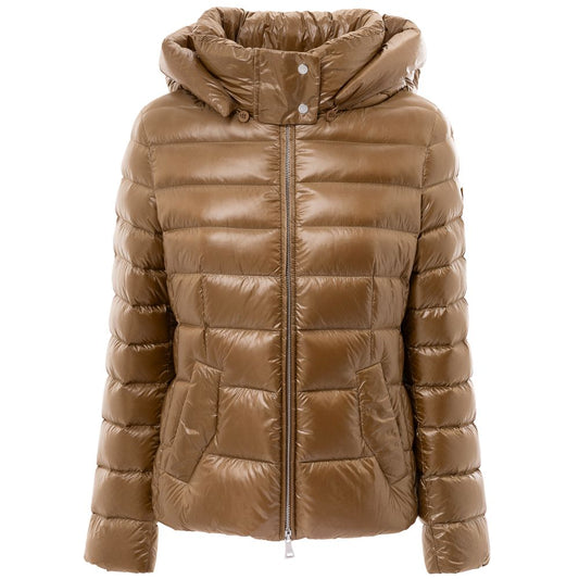 Hooded Puffer Jacket by Add for women in polyamide & duck down bronze features a dramatic silhouette, showcasing a sophisticated hooded neckline and distinctive lightweight, pockets, hooded & insulated for a dramatic aesthetic.