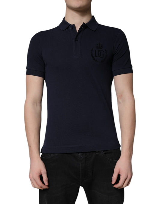 Dolce & Gabbana Dark Blue Cotton Crown Collared Polo T-shirt