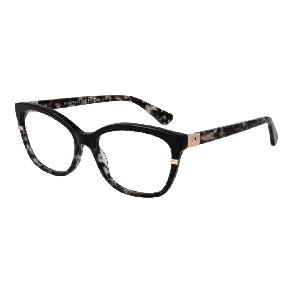 Eyeglasses Frames by Marciano by Guess for women in black showcases a reflective silhouette, artfully incorporating a sophisticated black coloured frame with a distinct full-frame frame design.