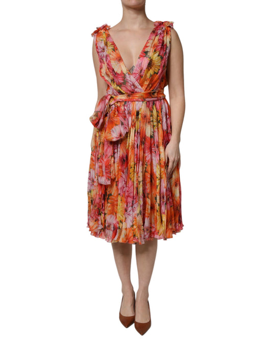 Dolce & Gabbana Women's Sleeveless V Neck Silk Nylon Chiffon Midi Dress - Multicolor Floral Print