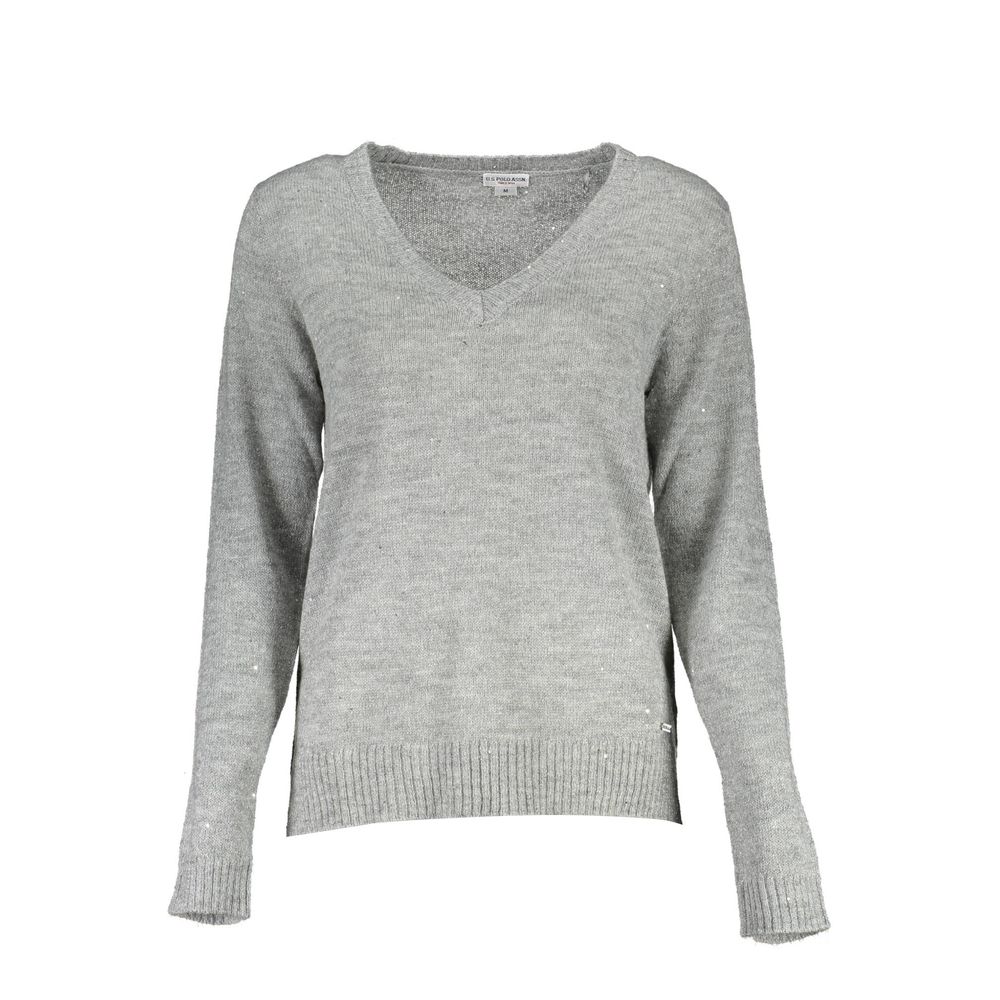 Sweater by U.S. POLO ASSN. for women in wool nylon & polyester silver showcases a discreet silhouette, finished with a discreet wrap v-neck neckline and for a discreet look.