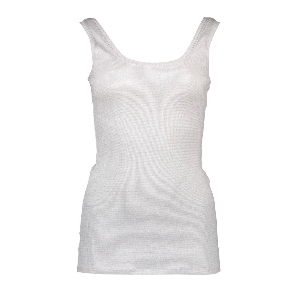 T-Shirt by Silvian Heach for women in stretch cotton white showcases a dramatic silhouette, elegantly detailed with a dramatic and sleeveless for a truly dramatic finish.