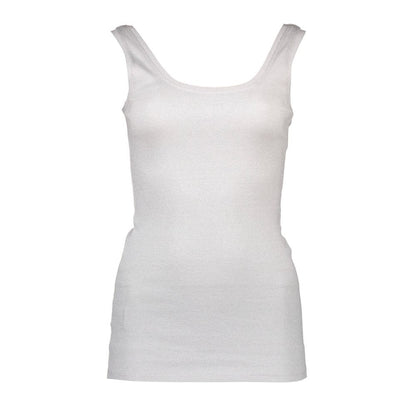 T-Shirt by Silvian Heach for women in stretch cotton white showcases a dramatic silhouette, elegantly detailed with a dramatic and sleeveless for a truly dramatic finish.