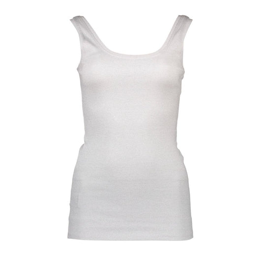 T-Shirt by Silvian Heach for women in stretch cotton white showcases a dramatic silhouette, elegantly detailed with a dramatic and sleeveless for a truly dramatic finish.
