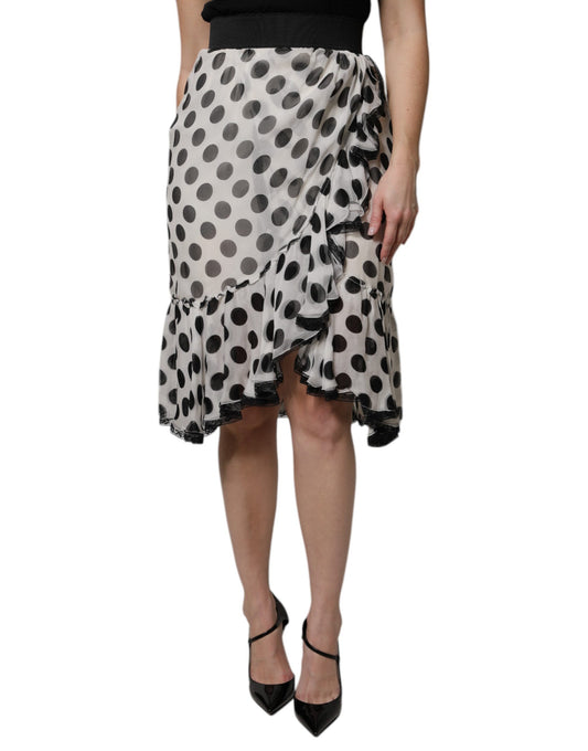 Dolce & Gabbana Women's High Rise Stretch Cotton Nylon & Silk Knee Skirt - Black White Dots Print