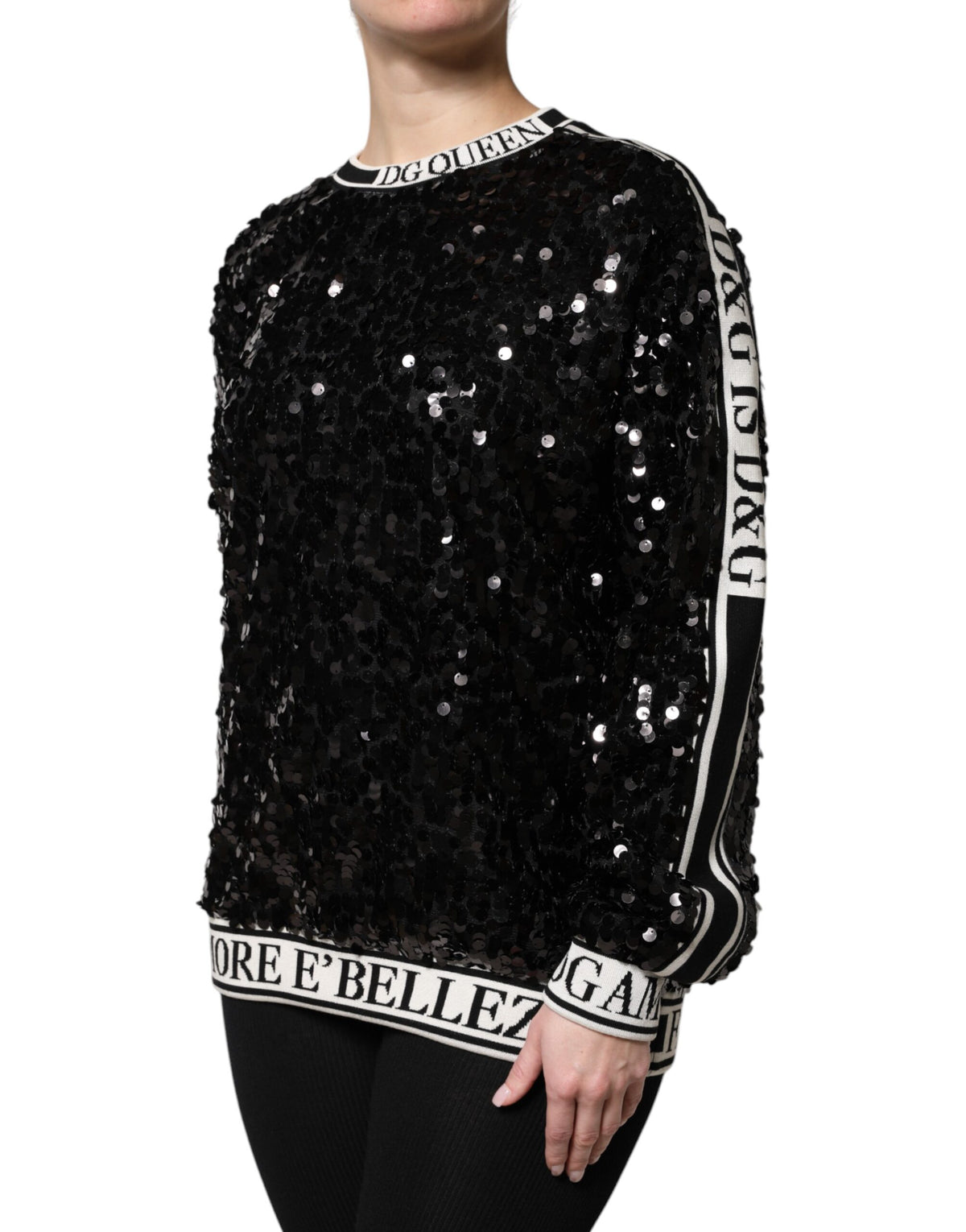 Dolce & Gabbana Women's Crew Neck Polyester Sequins & Silk Sweater - Black