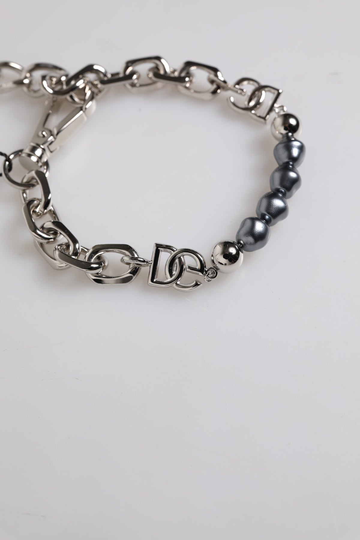 Dolce & Gabbana Silver Tone Chain Lobster Clasp Logo Gray Pearls Bracelet