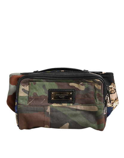 Fanny Pack Backpack by Dolce & Gabbana for men in leather & cotton multicolor, camouflage & patchwork features a stately Leather Cotton Fanny Pack Backpack design, showcasing a secure zipper, ample , and versatile belt-strap for a stately finish.