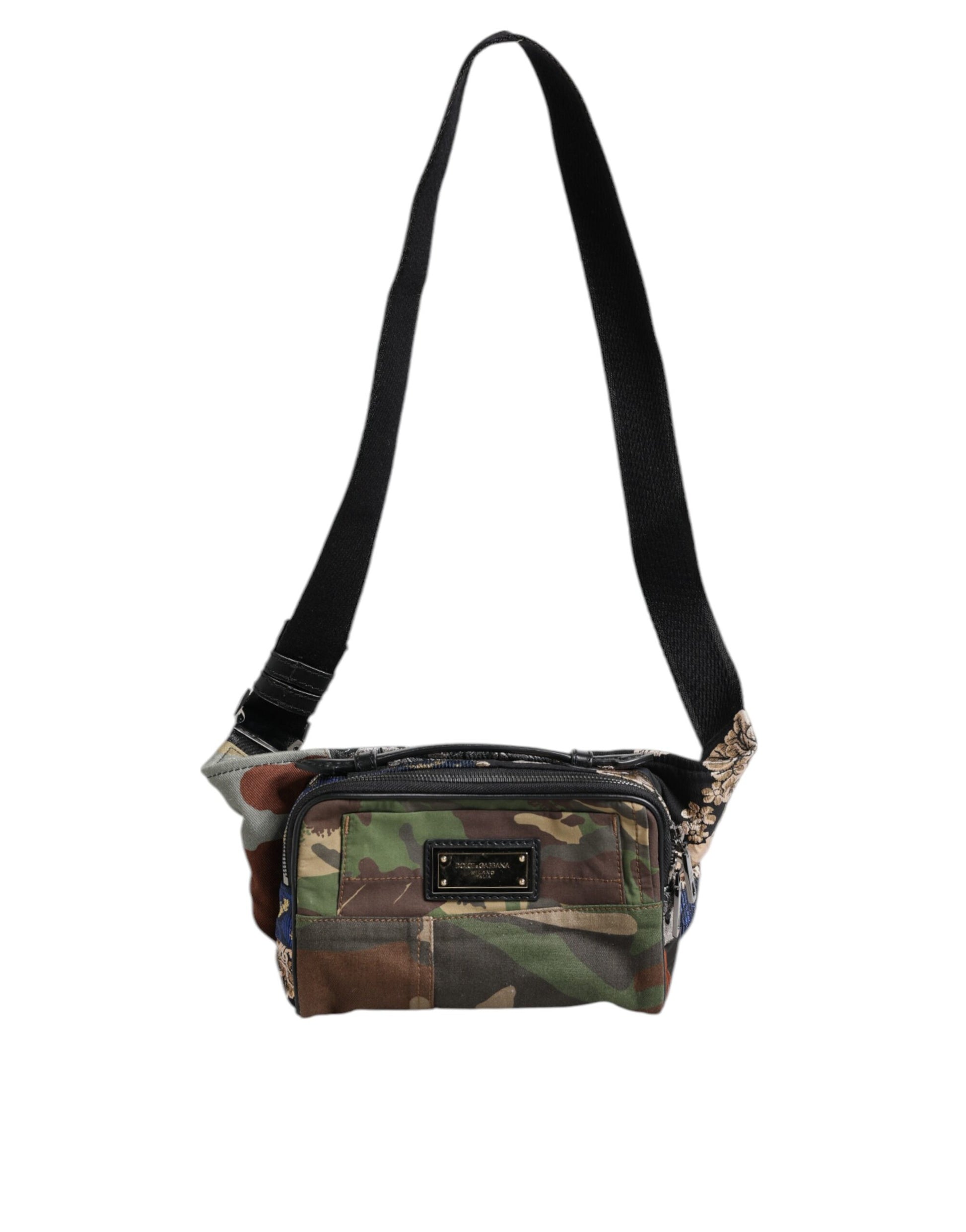Fanny Pack Backpack by Dolce & Gabbana for men in leather & cotton multicolor, camouflage & patchwork features a refined silhouette, showcasing the Leather Cotton Fanny Pack Backpack design with a secure zipper, ample , and versatile belt-strap.