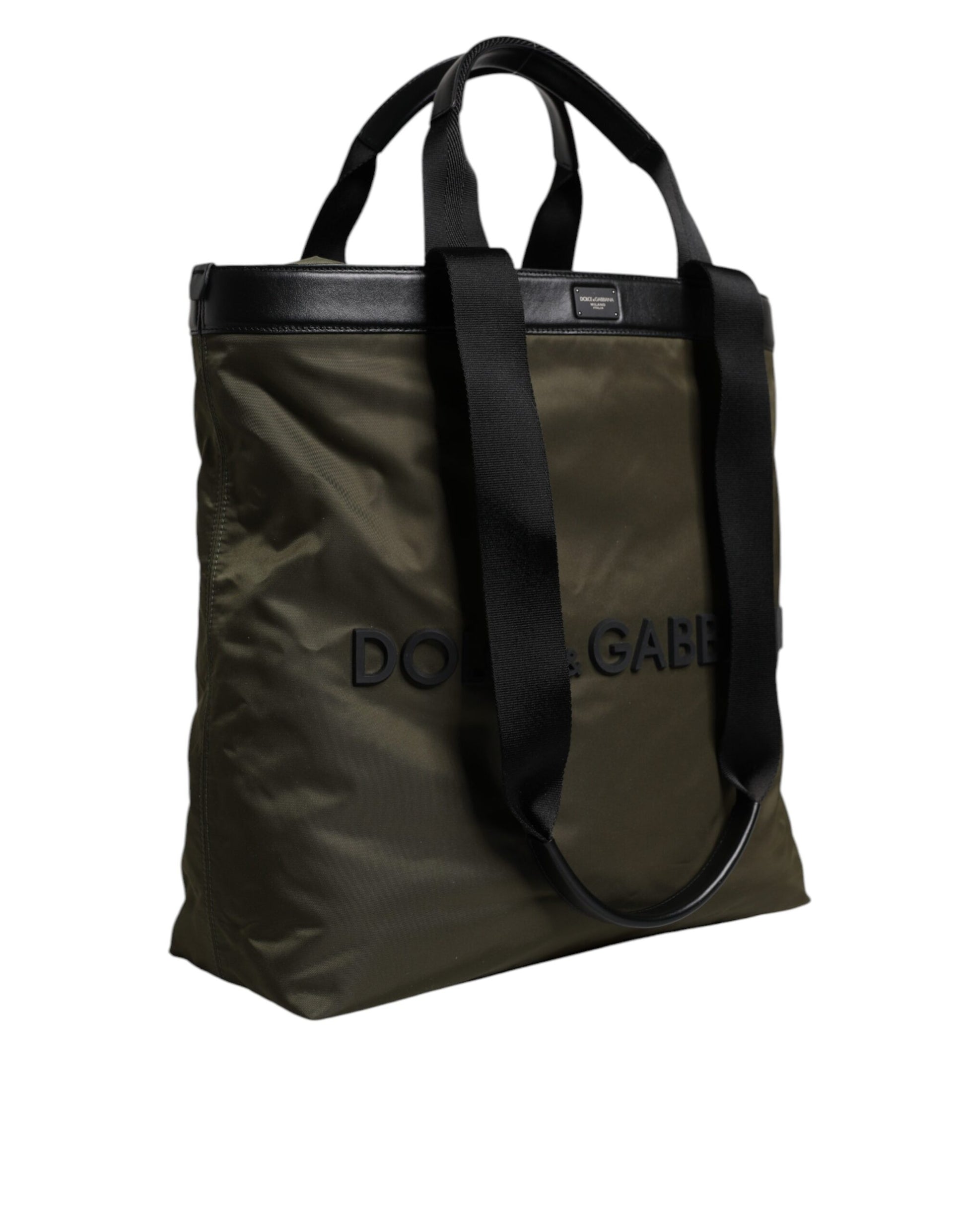 This Tote Bag by Dolce & Gabbana for men in calf leather & nylon military-green features an jet-set Calf Leather Nylon Tote Bag design with a secure , ample , and jet-set shoulder-strap & handle.
