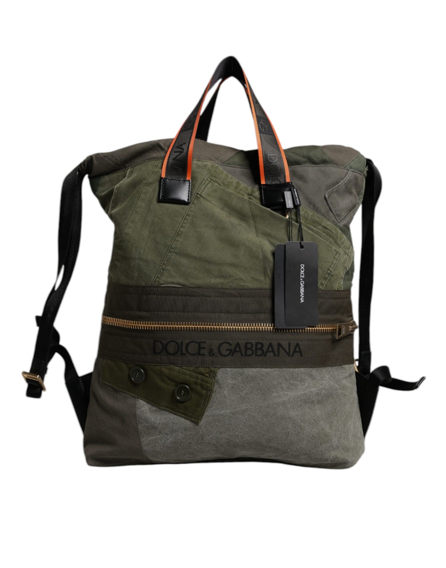 Large Drawstring Rucksack Backpack by Dolce & Gabbana for men in calf leather & cotton military-green, camouflage & patchwork features a refined silhouette, showcasing the Calf Leather Cotton Large Drawstring Rucksack Backpack design with a secure drawstring, ample internal-pockets, and versatile backpack-strap.