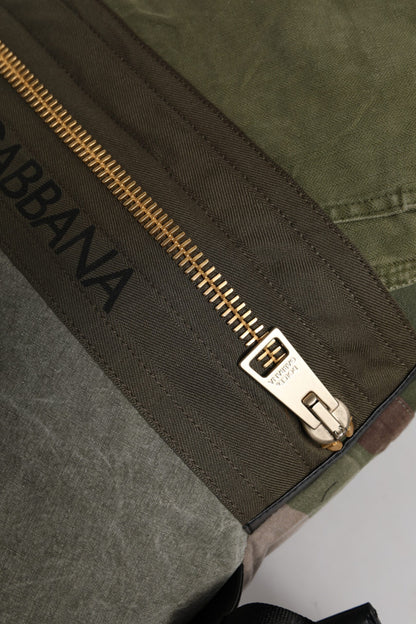 Large Drawstring Rucksack Backpack by Dolce & Gabbana for men in calf leather & cotton military-green, camouflage & patchwork showcases an architectural Calf Leather Cotton Large Drawstring Rucksack Backpack design, featuring a secure drawstring, ample internal-pockets, and architectural backpack-strap for a sophisticated look.
