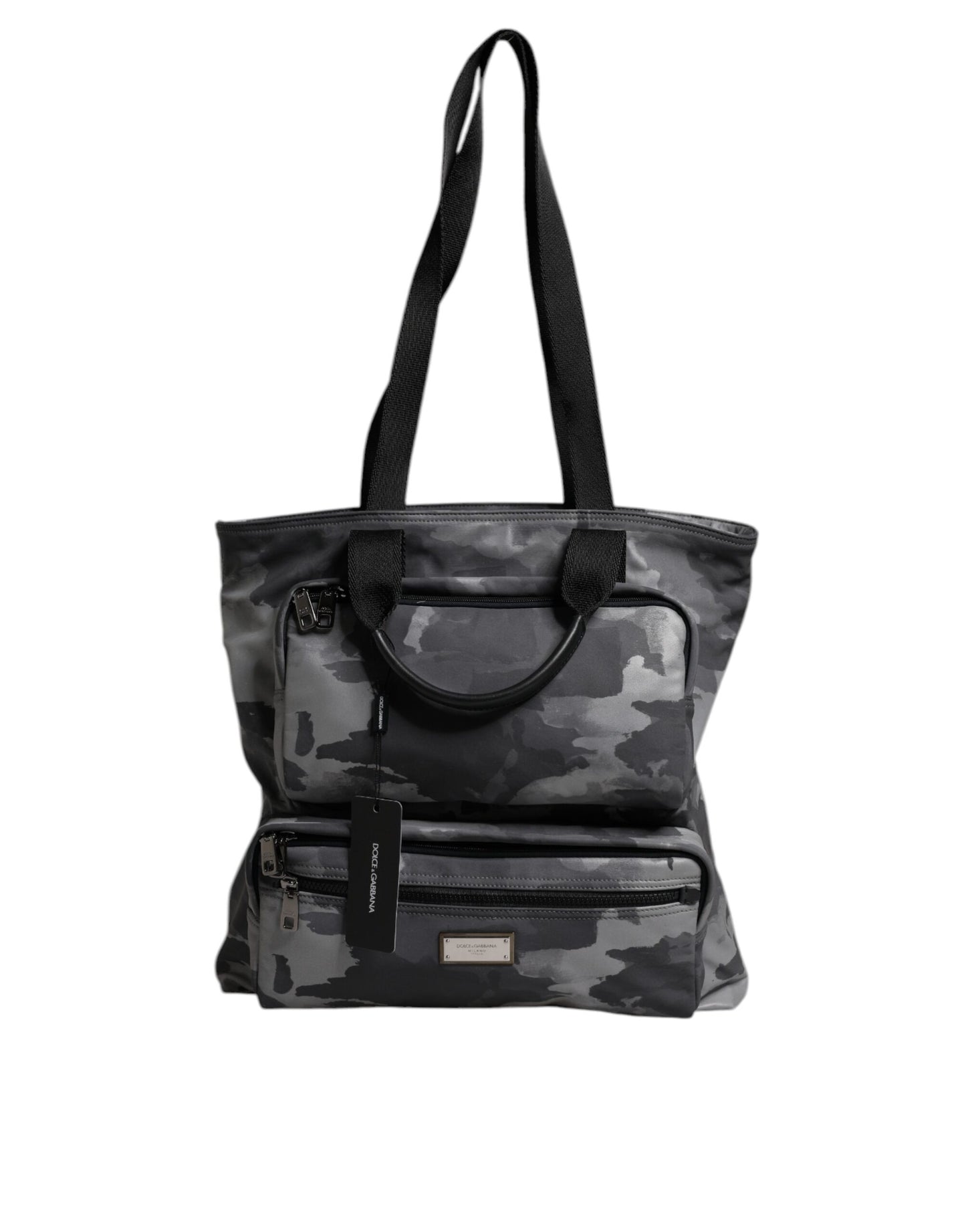 Tote Bag by Dolce & Gabbana for men in poly cotton & leather gray, patterned & camouflage features an jet-set-ready silhouette, showcasing the Poly Cotton Leather Tote Bag design with a secure zipper, ample built-in-compartments, and versatile handle.