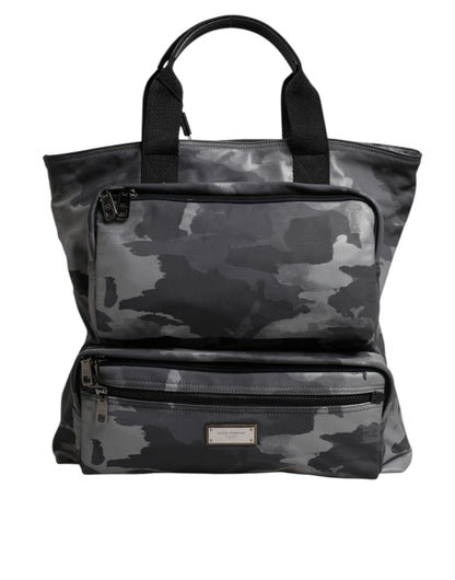 Tote Bag by Dolce & Gabbana for men in poly cotton & leather gray, patterned & camouflage features an jet-set-ready silhouette, showcasing the Poly Cotton Leather Tote Bag design with a secure zipper, ample built-in-compartments, and versatile handle.