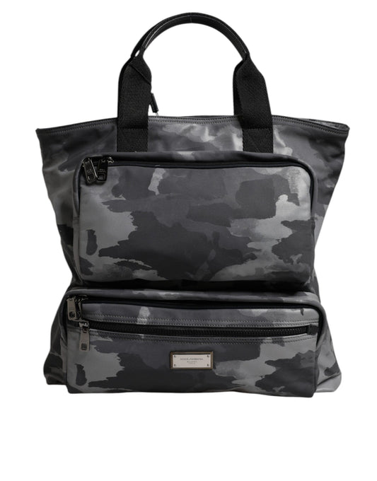 Tote Bag by Dolce & Gabbana for men in poly cotton & leather gray, patterned & camouflage features an jet-set-ready silhouette, showcasing the Poly Cotton Leather Tote Bag design with a secure zipper, ample built-in-compartments, and versatile handle.