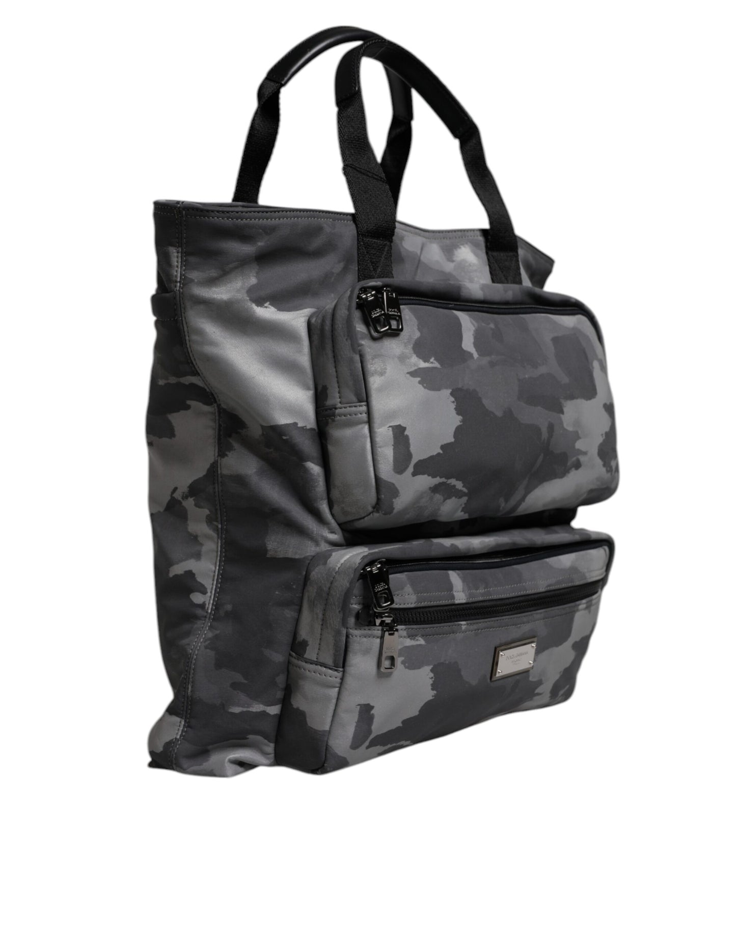 Tote Bag by Dolce & Gabbana for men in poly cotton & leather gray, patterned & camouflage features an jet-set Poly Cotton Leather Tote Bag design with a secure zipper, ample built-in-compartments, and versatile handle for an jet-set finish.