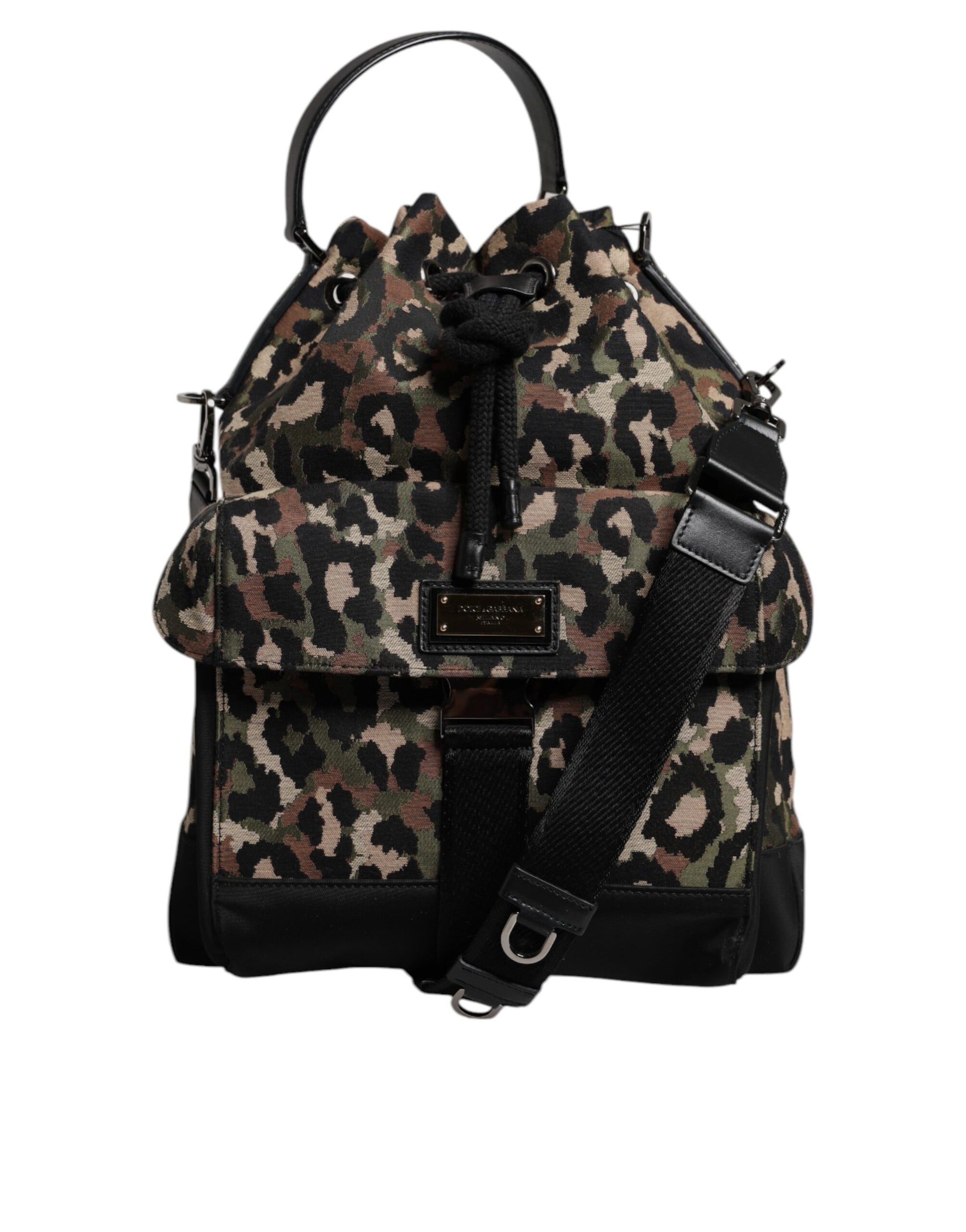Bucket Shoulder Bag by Dolce & Gabbana for men in leather & poly cotton black, multicolor, leopard-print & print features a effortless sophistication silhouette, secured by a drawstring with ample and versatile shoulder-strap & handle for a effortless sophistication finish.