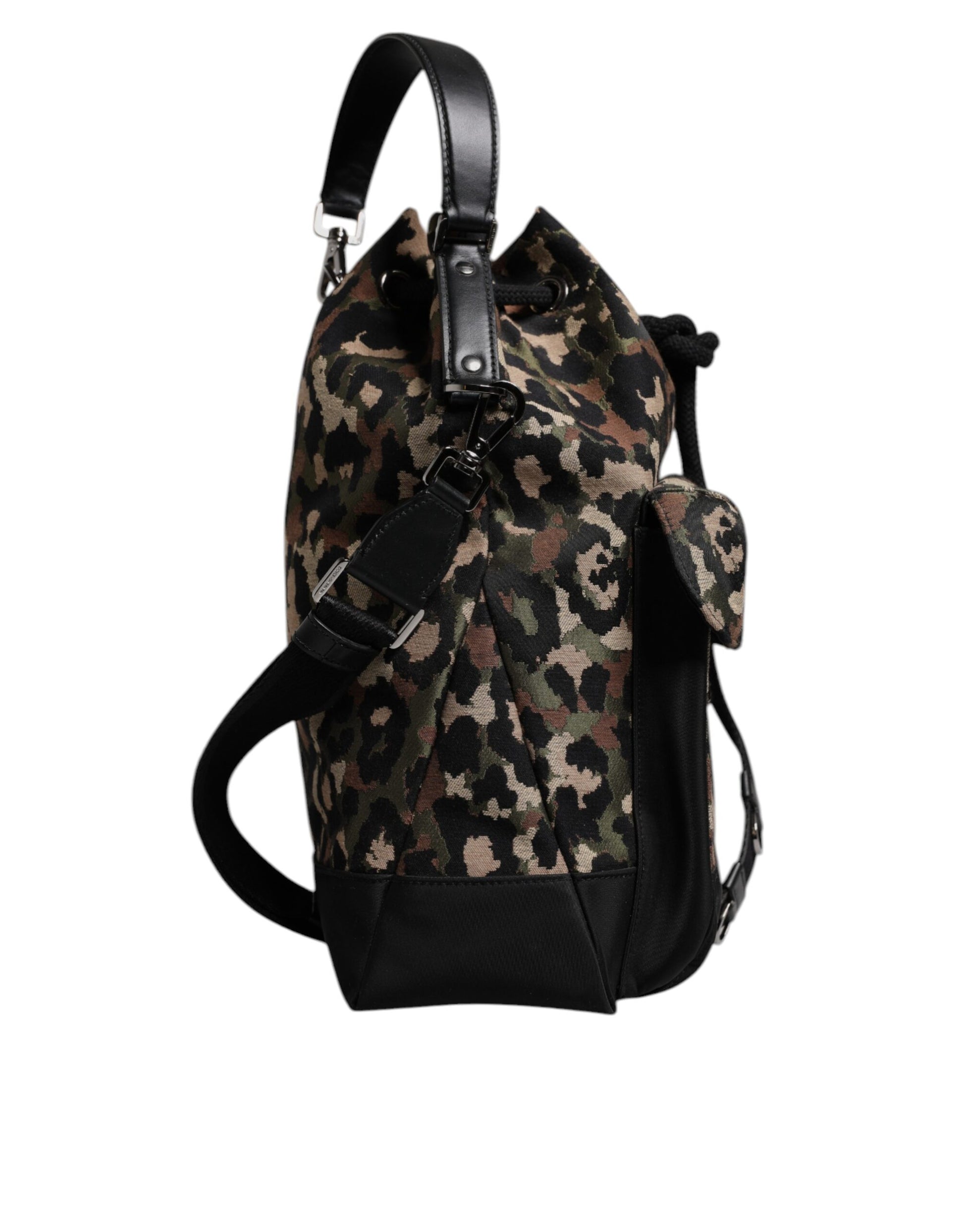 Bucket Shoulder Bag by Dolce & Gabbana for men in leather & poly cotton black, multicolor, leopard-print & print features a stately silhouette, showcasing a secure drawstring, ample , and stately shoulder-strap & handle for a stately finish.