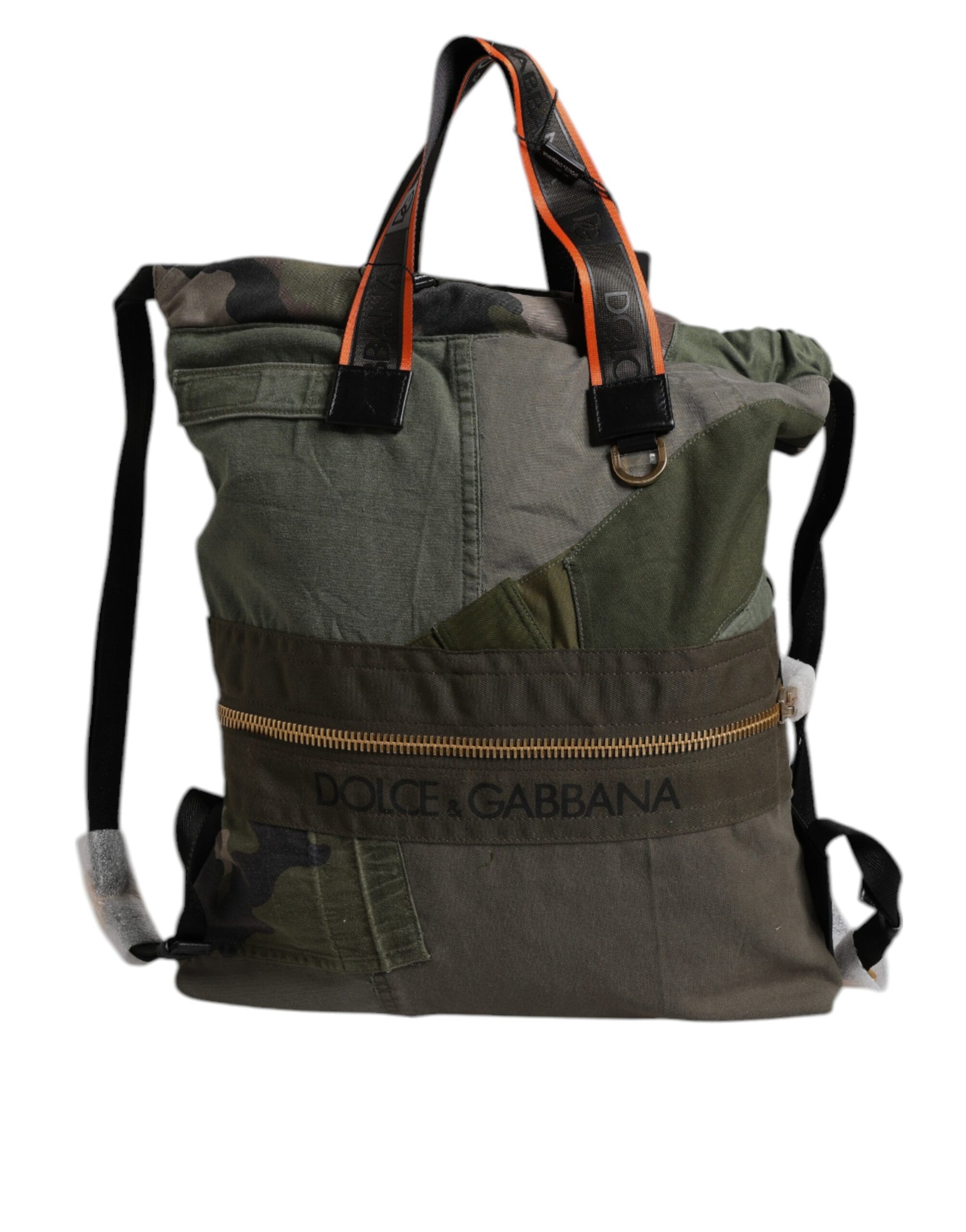 Large Drawstring Rucksack Backpack by Dolce & Gabbana for men in calf leather & cotton military-green, camouflage & patchwork features a refined silhouette, showcasing the Calf Leather Cotton Large Drawstring Rucksack Backpack design with a secure drawstring, ample internal-pockets, and versatile backpack-strap.