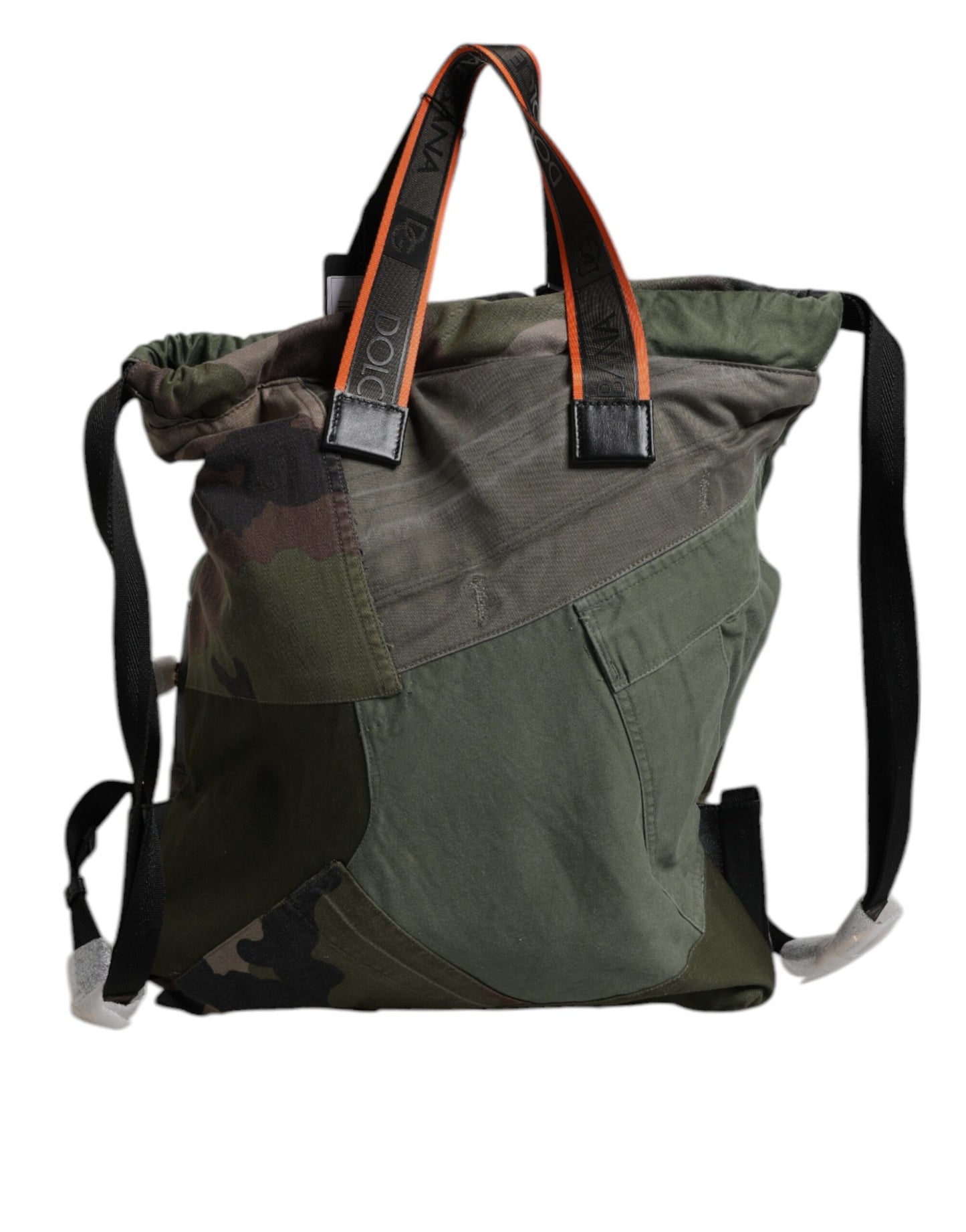 Large Drawstring Rucksack Backpack by Dolce & Gabbana for men in calf leather & cotton military-green, camouflage & patchwork features an stately silhouette from the Calf Leather Cotton Large Drawstring Rucksack Backpack range, with a secure drawstring, ample internal-pockets, and versatile backpack-strap.