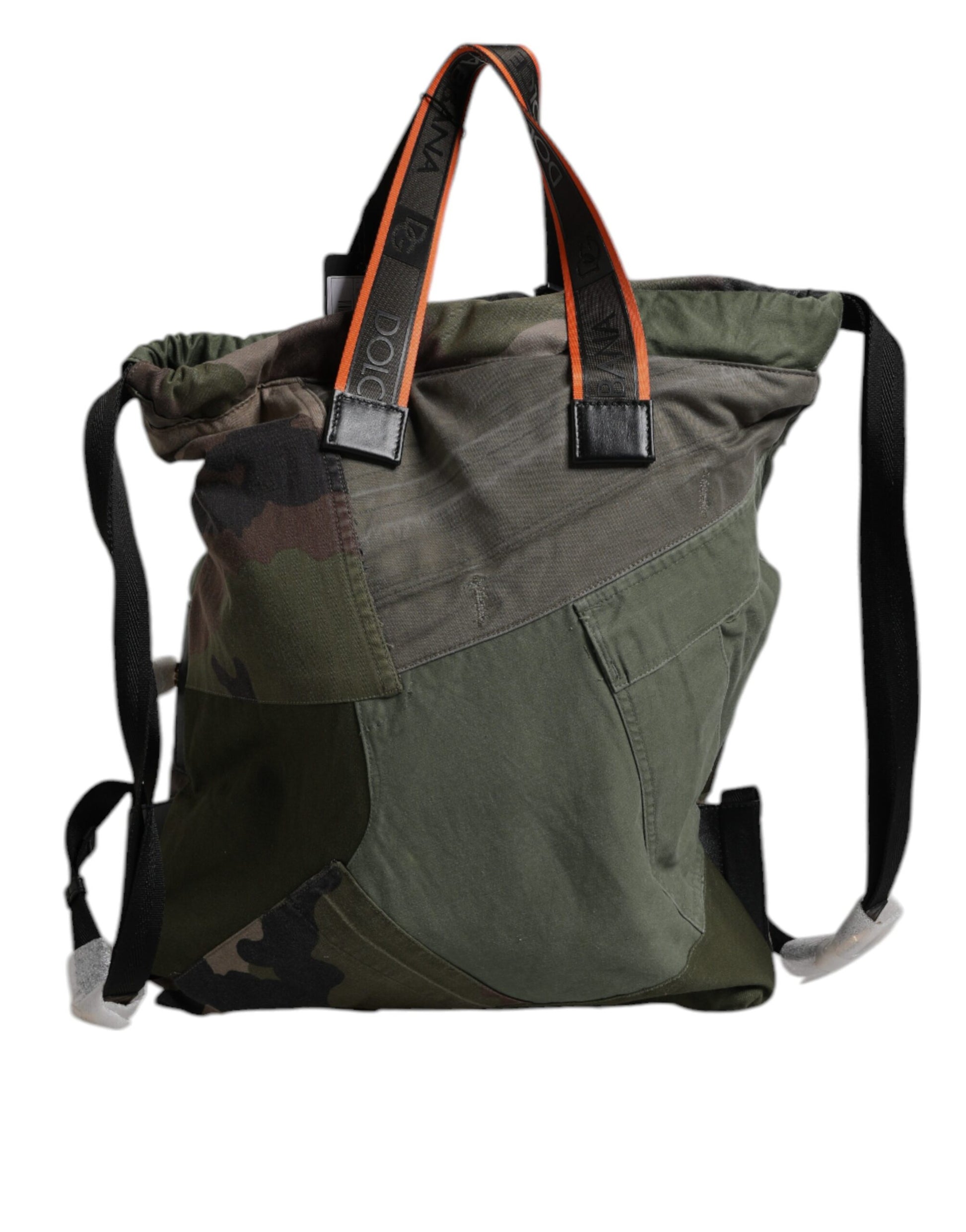 Large Drawstring Rucksack Backpack by Dolce & Gabbana for men in calf leather & cotton military-green, camouflage & patchwork features an stately silhouette from the Calf Leather Cotton Large Drawstring Rucksack Backpack range, with a secure drawstring, ample internal-pockets, and versatile backpack-strap.