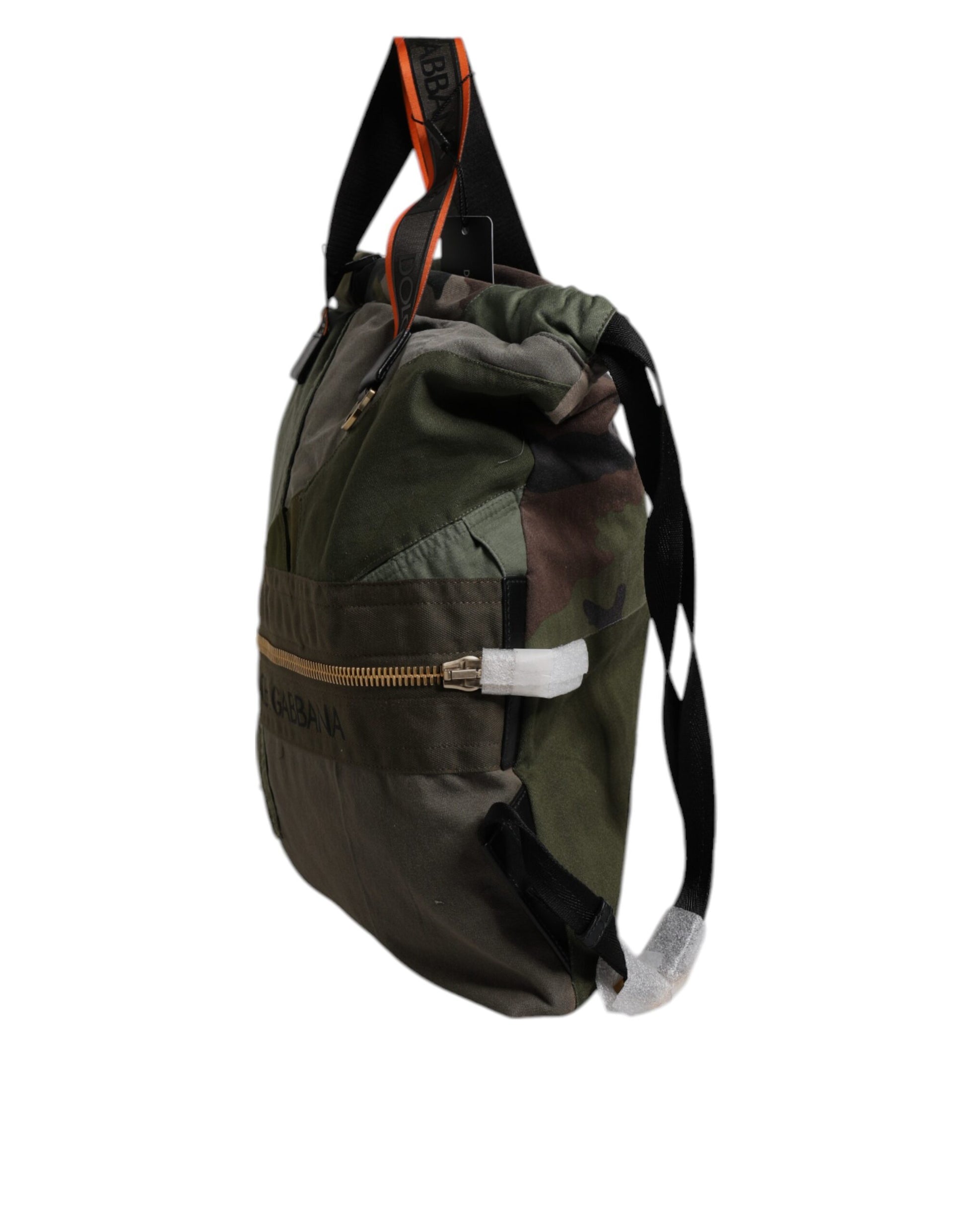 Large Drawstring Rucksack Backpack by Dolce & Gabbana for men in calf leather & cotton military-green, camouflage & patchwork features a refined silhouette, showcasing the Calf Leather Cotton Large Drawstring Rucksack Backpack design with a secure drawstring, ample internal-pockets, and versatile backpack-strap.