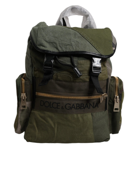 Large Travel Drawstring Backpack by Dolce & Gabbana for men in calf leather & cotton military-green, camouflage, print & patchwork showcases an architectural Calf Leather Cotton Large Travel Drawstring Backpack design, featuring a secure drawstring, ample internal-pockets, and architectural backpack-strap for a sophisticated look.