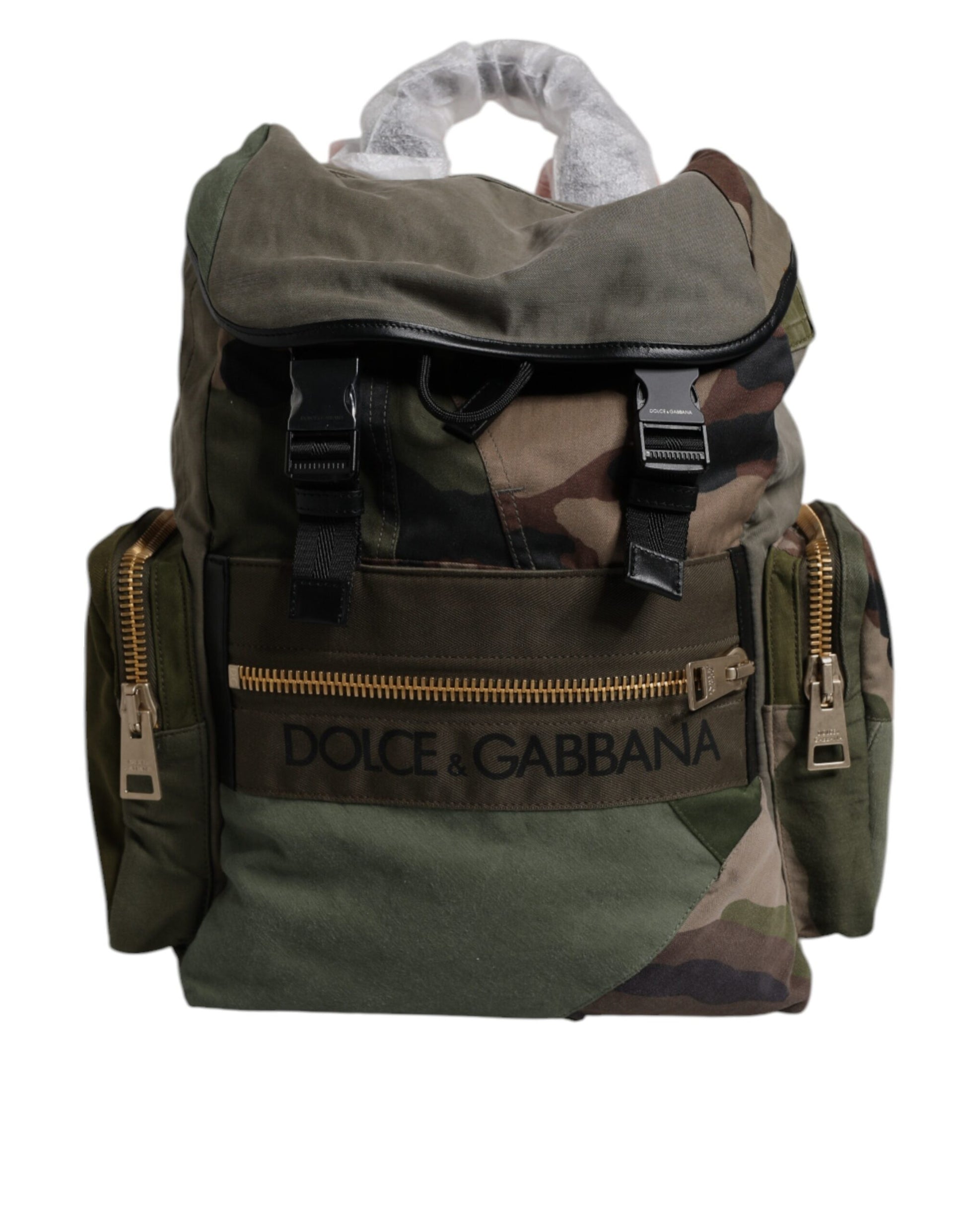 Large Travel Drawstring Backpack by Dolce & Gabbana for men in calf leather & cotton military-green, camouflage, signature & patchwork features a refined silhouette, showcasing the Calf Leather Cotton Large Travel Drawstring Backpack design with a secure drawstring, ample internal-pockets, and versatile backpack-strap.