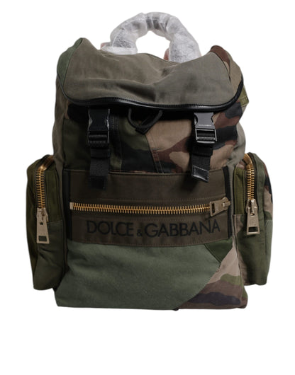 Large Travel Drawstring Backpack by Dolce & Gabbana for men in calf leather & cotton military-green, camouflage, signature & patchwork features a refined silhouette, showcasing the Calf Leather Cotton Large Travel Drawstring Backpack design with a secure drawstring, ample internal-pockets, and versatile backpack-strap.