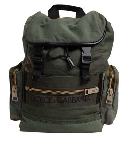 Large Travel Drawstring Backpack by Dolce & Gabbana for men in calf leather & cotton military-green, camouflage & patchwork features a refined silhouette, showcasing the Calf Leather Cotton Large Travel Drawstring Backpack design with a secure drawstring, ample internal-pockets, and versatile backpack-strap.
