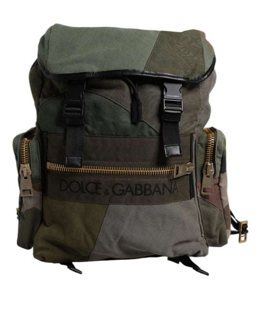 Large Travel Drawstring Backpack by Dolce & Gabbana for men in calf leather & cotton military-green, camouflage & patchwork showcases an architectural Calf Leather Cotton Large Travel Drawstring Backpack design, featuring a secure drawstring, ample internal-pockets, and architectural backpack-strap for a sophisticated look.